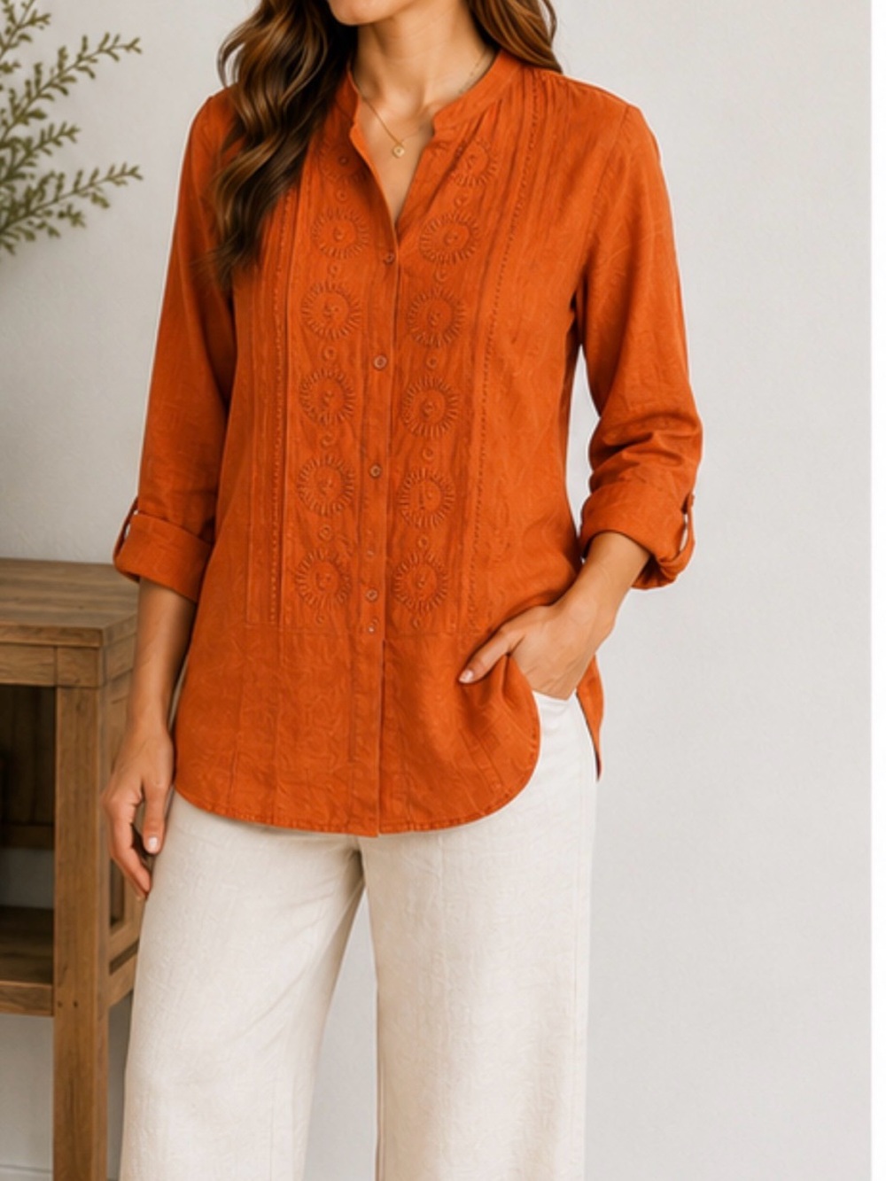 e.col.o.gie 100% Linen Embroidered Button Down Shirt. Size Medium